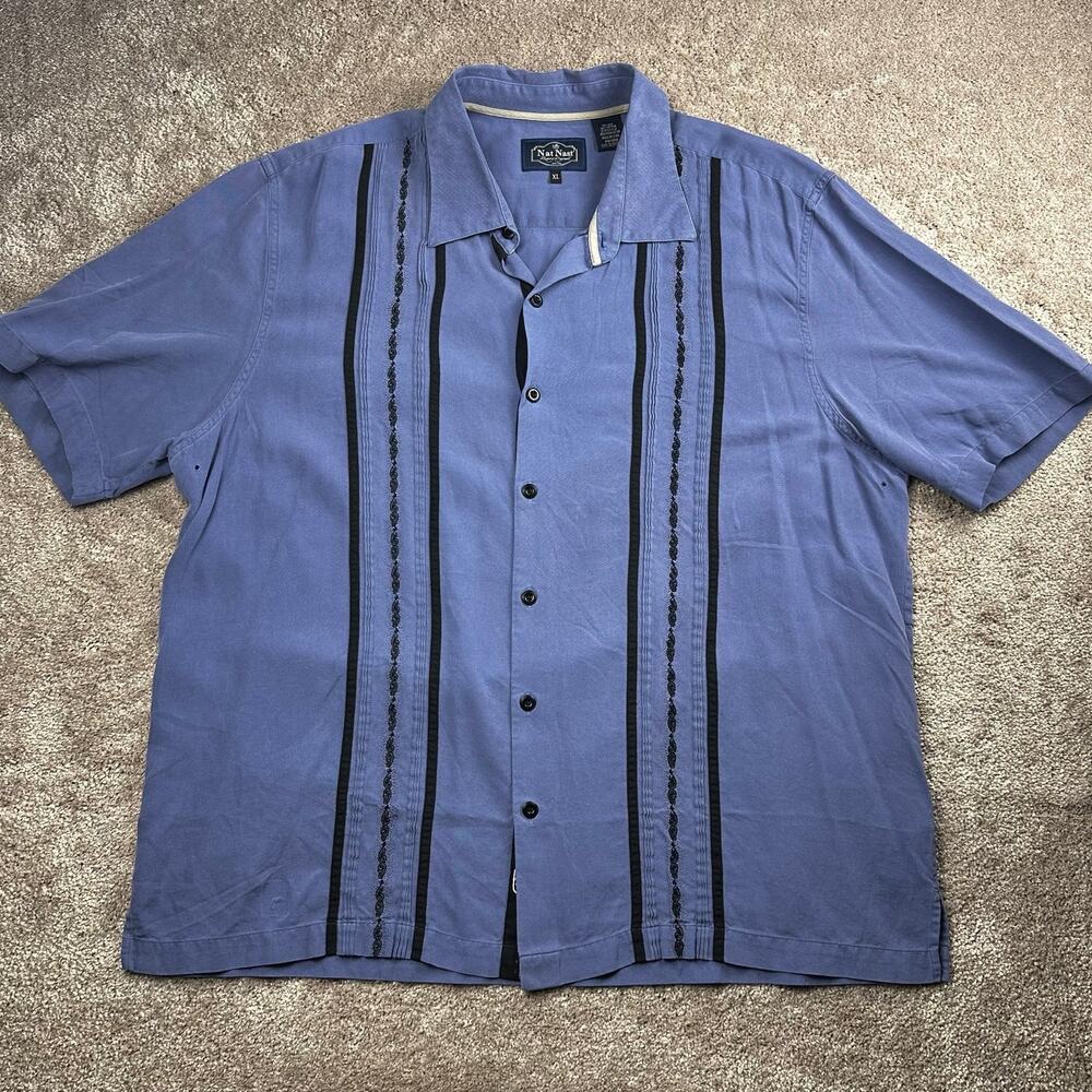 vNat Nast Luxury Originals Camp Shirt Size XL Blue Silk Cuban Bowling Rockabilly